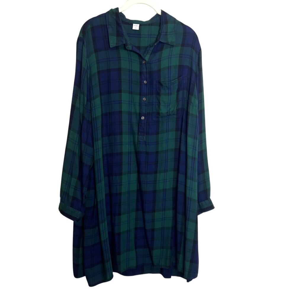 Old Navy Plaid Popover Shirt Dress XL Blue Green Long Sleeve Pocket